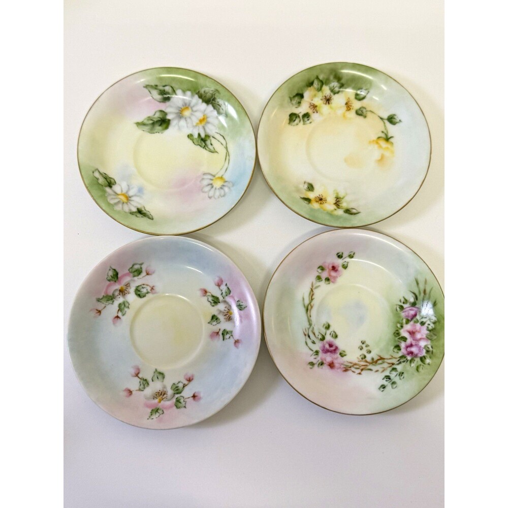 Japanese Porcelain Floral Hand Painted Gold Rim Saucers Set of 4